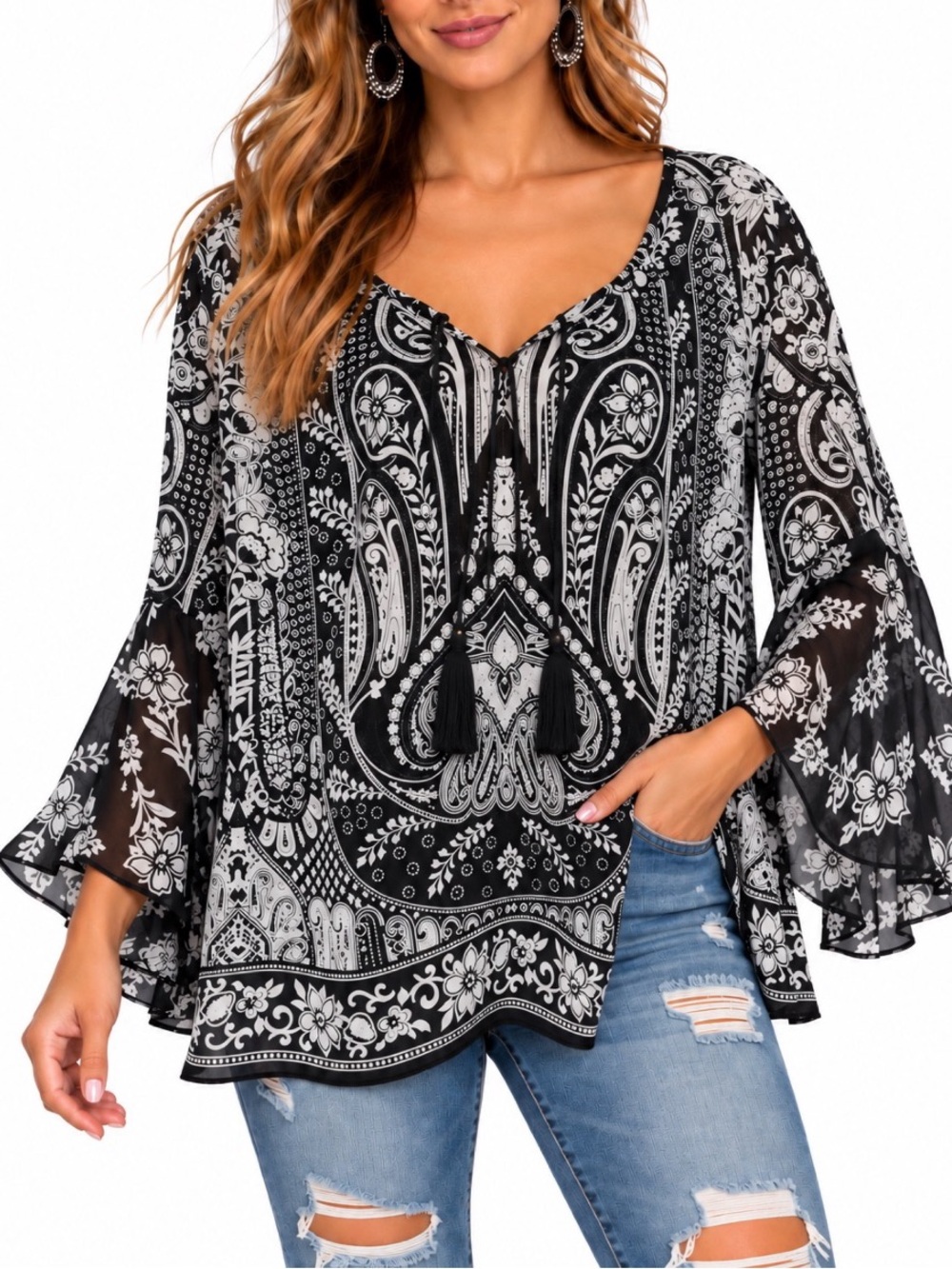Bila Black & White Paisley Boho Tunic Top- Size XL